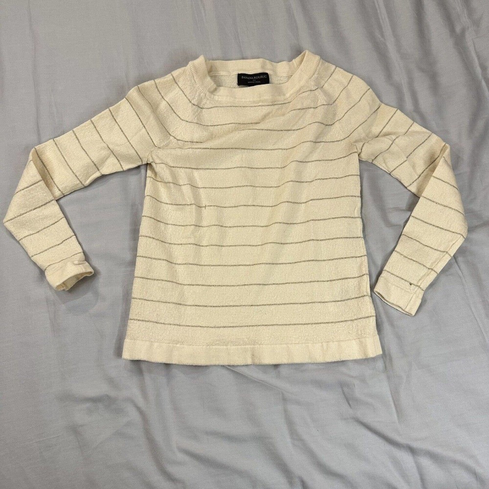 Banana Republic Sweater Womens XS Pullover Merino Wool Beige Gold Stripes
